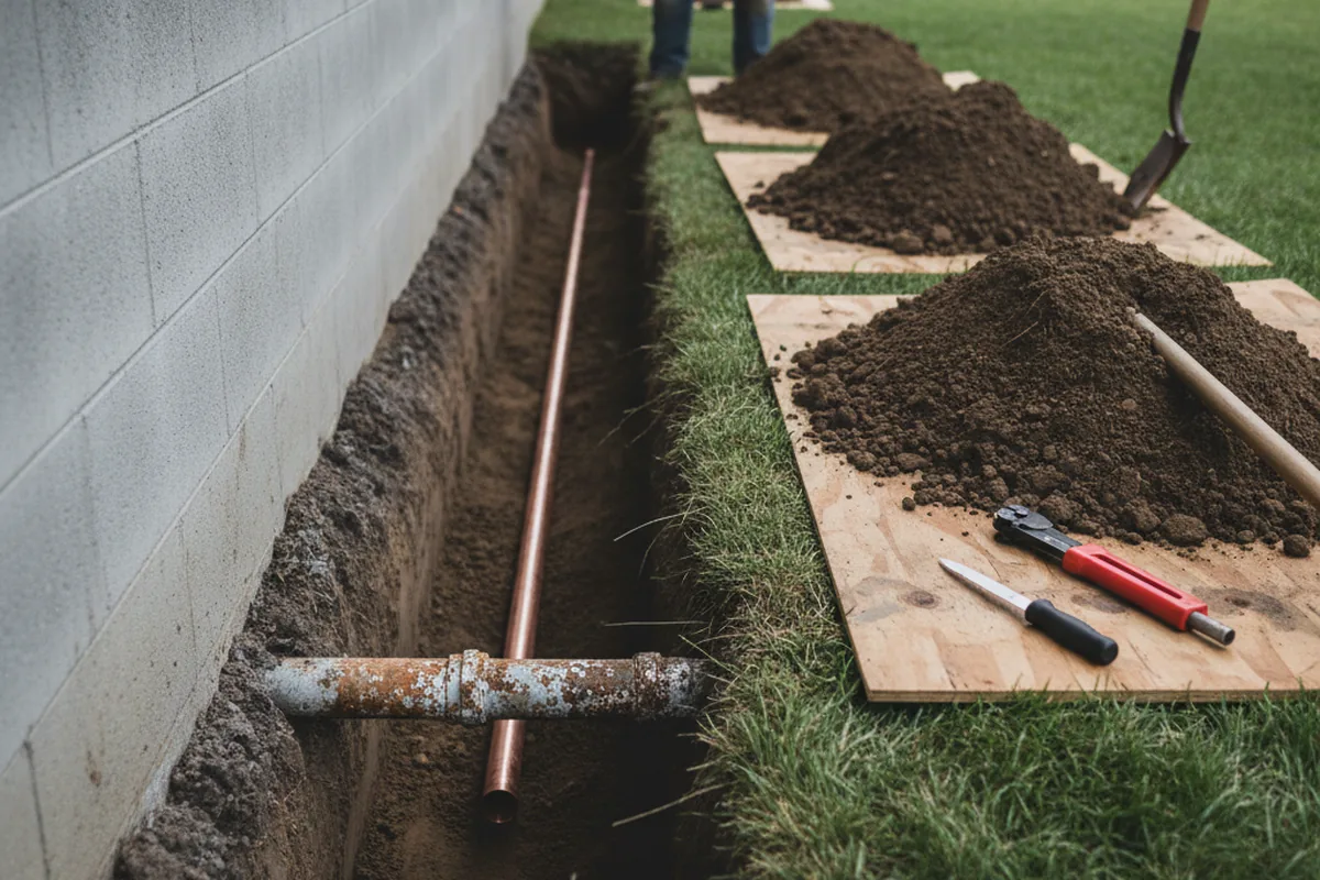 Excavated water line trench during Water Softener Installation in Wellington